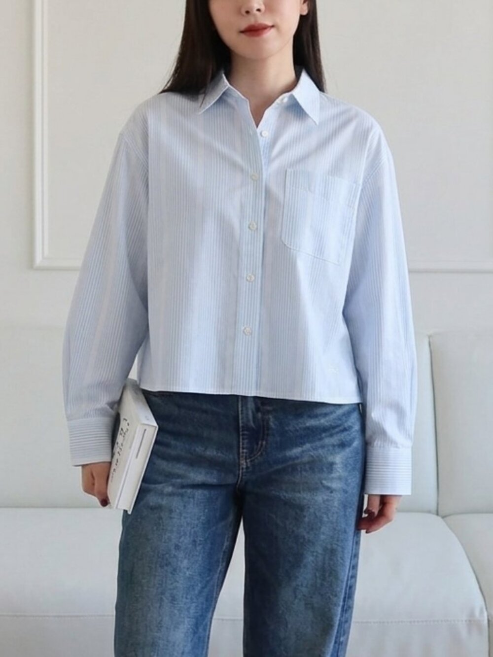 UNIQLO & JW ANDERSON Oxford Boxy Cropped Shirt Light Blue Striped XS